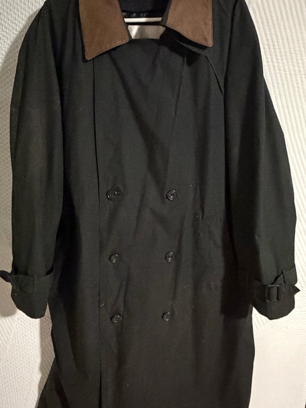 London Fog Men's Black Trench Coat with Brown Collar